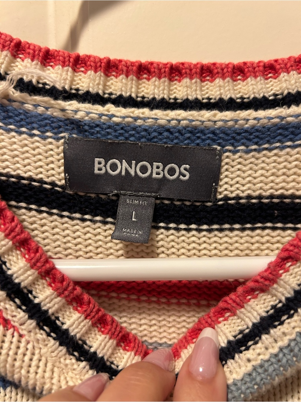 Bonobos Cream Striped Crewneck Sweater with Red & Blue Bands - Picture 3 of 3